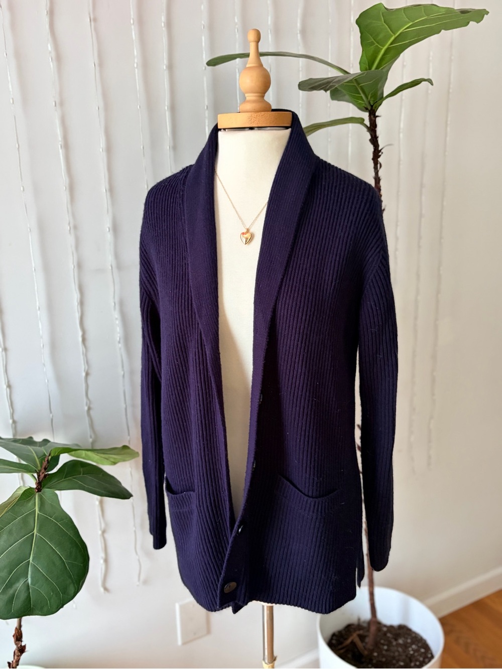 Vintage 90s Liz Baker Navy Blue Ribbed Open Front Cardigan | Cottagecore Fall
